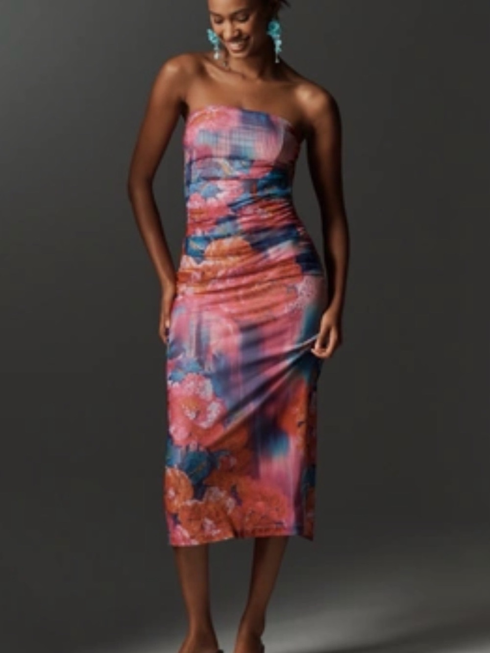 Strapless Floral Bodycon Midi Dress in Pink and Blue